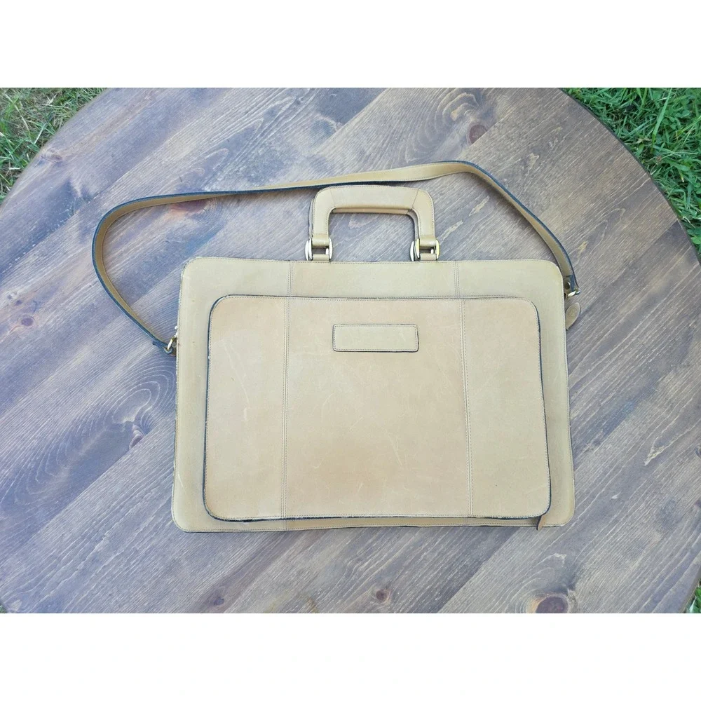 Vintage Tan Genuine Leather Briefcase Portfolio Slim Laptop Bag Messenger Tan
